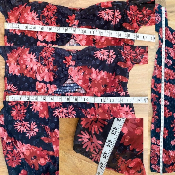 Lulus Red Black Floral Midi Puff Sleeve Dress Dark Romantic Cocktail Sheer L - Picture 10 of 10
